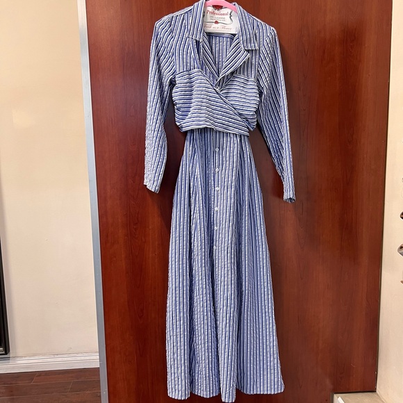 Porridge Tie-Front Shirt Dress Size Small Maxi Blue Stripped Button Front Pocket - Picture 13 of 17